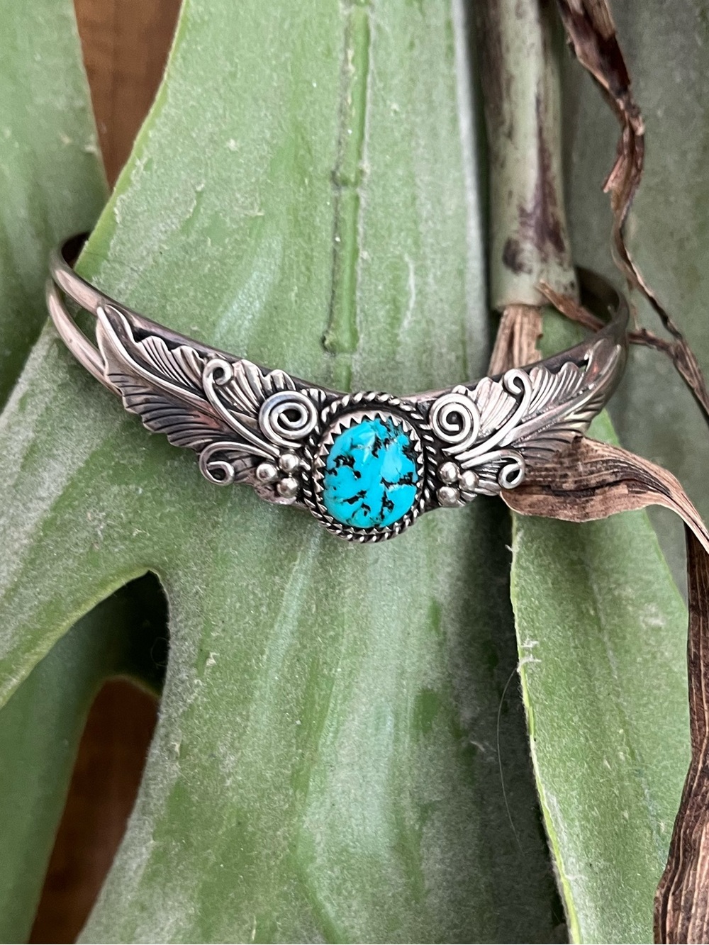Turquoise & Silver Handcrafted Feather Cuff Bracelet